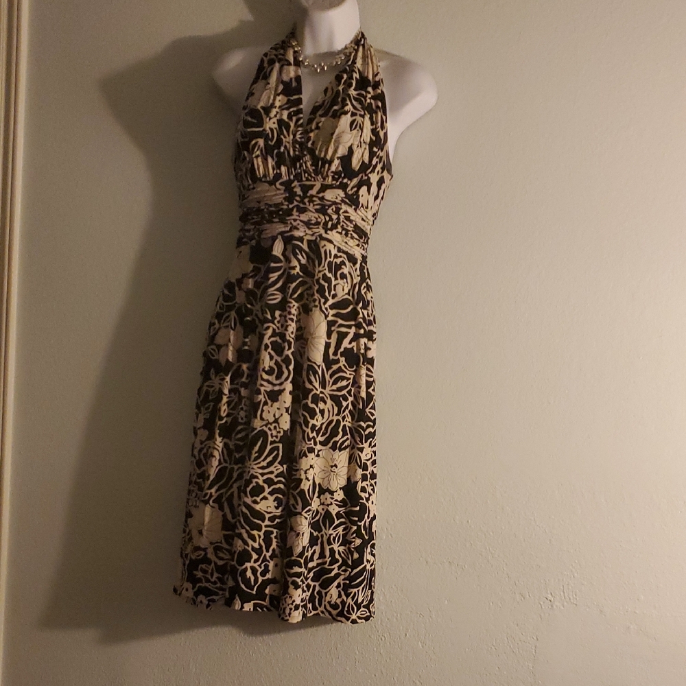 Evan Picone Black and Cream Floral Midi Dress